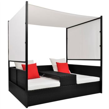 Cama Para Adultos | Cama De Jardín Con Toldo Ratán Sintético Negro 190x130 Cm Cfw288317