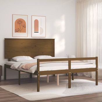 Cama Matrimonial | Cama Para Adultos | Cama De Matrimonio Personas Mayores Cabecero Madera Marrón Miel Cfw531884