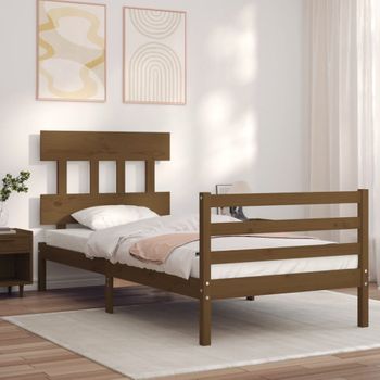 Cama Individual | Cama Para Adultos | Estructura Cama Con Cabecero Madera Maciza Marrón Miel 90x200cm Cfw389427