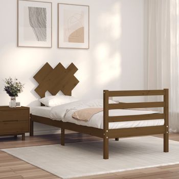 Cama Individual | Cama Para Adultos | Estructura Cama Con Cabecero Madera Maciza Marrón Miel 90x200cm Cfw498985