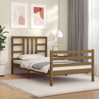 Cama Individual | Cama Para Adultos | Estructura Cama Con Cabecero Madera Maciza Marrón Miel 90x200cm Cfw495210