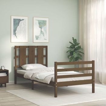 Cama Individual | Cama Para Adultos | Estructura Cama Con Cabecero Madera Maciza Marrón Miel 90x200cm Cfw730253