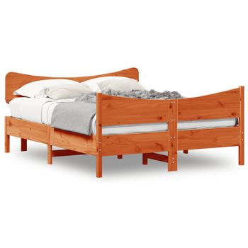 Cama Matrimonial | Cama Para Adultos | Estructura Cama Con Cabecero Madera Pino Marrón Cera 140x190 Cm Cfw208134