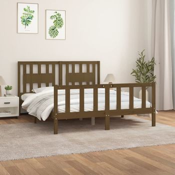 Cama Matrimonial | Cama Para Adultos | Estructura Cama Con Cabecero Madera Pino Marrón Miel 150x200cm Cfw176451