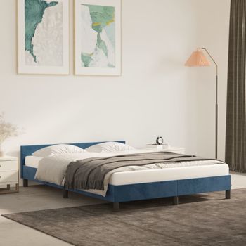 Cama Matrimonial | Cama Para Adultos | Estructura Cama Con Cabecero Terciopelo Azul Oscuro 140x200 Cm Cfw190714