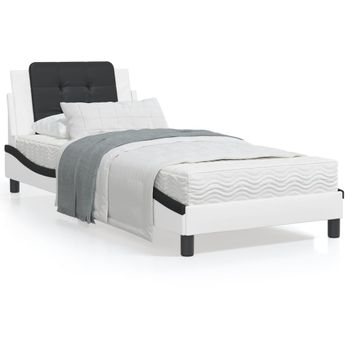 Cama Individual | Cama Para Adultos | Estructura Cama Con Led Cuero Sintético Blanco Negro 90x200 Cm Cfw72062