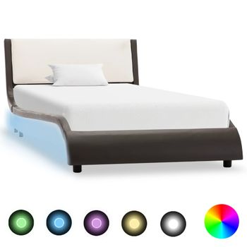 Cama Individual | Cama Para Adultos | Estructura Cama Con Led Cuero Sintético Gris Blanco 90x200 Cm Cfw908811