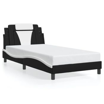 Cama Para Adulto | Cama Individual | Estructura Cama Con Led Cuero Sintético Negro Blanco 100x200 Cm Cfw954402