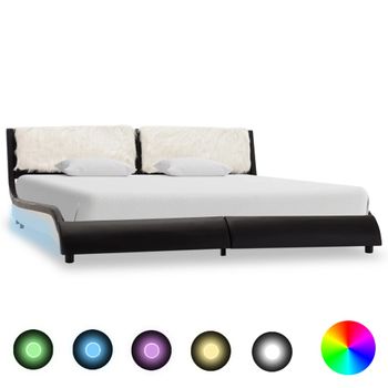 Cama Matrimonial | Cama Para Adultos | Estructura Cama Con Led Cuero Sintético Negro Blanco 180x200 Cm Cfw474494