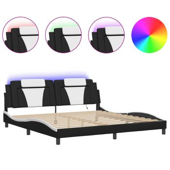 Cama Matrimonial | Cama Para Adultos | Estructura Cama Con Led Cuero Sintético Negro Blanco 200x200 Cm Cfw204623