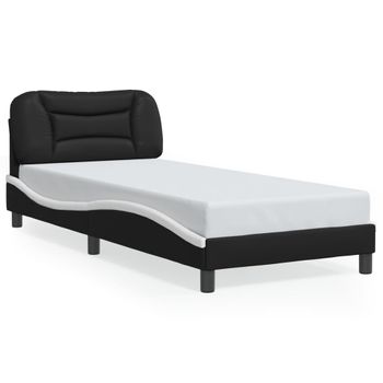 Cama Para Adulto | Cama Individual | Estructura Cama Con Led Cuero Sintético Negro Y Blanco 90x190cm Cfw411081