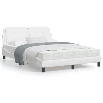 Cama Matrimonial | Cama Para Adultos | Estructura Cama Con Luces Led Cuero Sintético Blanco 140x190 Cm Cfw74210