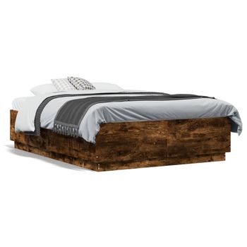 Cama Matrimonial | Cama Para Adultos | Estructura Cama Con Luces Led Madera Roble Ahumado 135x190 Cm Cfw33597