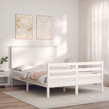 Cama Matrimonial | Cama Para Adultos | Estructura Cama De Matrimonio Con Cabecero Madera Maciza Blanco Cfw876523