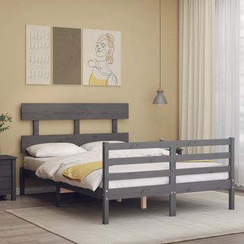 Cama Matrimonial | Cama Para Adultos | Estructura Cama De Matrimonio Con Cabecero Madera Maciza Gris Cfw522304