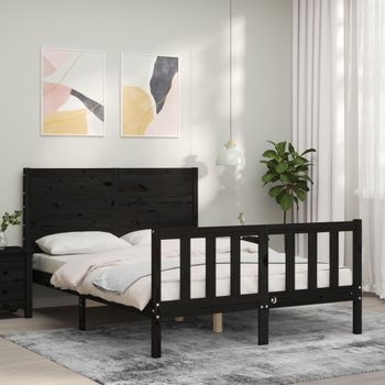 Cama Matrimonial | Cama Para Adultos | Estructura Cama De Matrimonio Con Cabecero Madera Maciza Negra Cfw547376