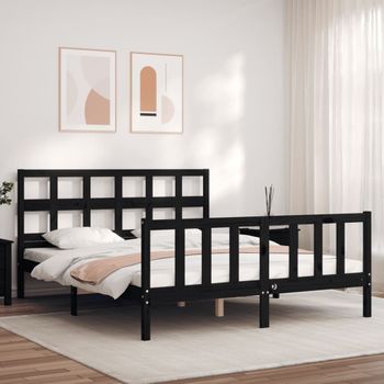 Cama Matrimonial | Cama Para Adultos | Estructura Cama De Matrimonio Con Cabecero Madera Maciza Negro Cfw629991