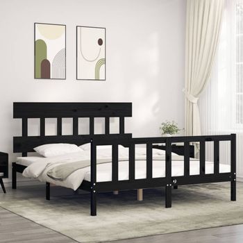 Cama Matrimonial | Cama Para Adultos | Estructura Cama De Matrimonio Con Cabecero Madera Maciza Negro Cfw386517