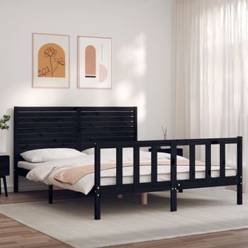 Cama Matrimonial | Cama Para Adultos | Estructura Cama De Matrimonio Con Cabecero Madera Maciza Negro Cfw705984