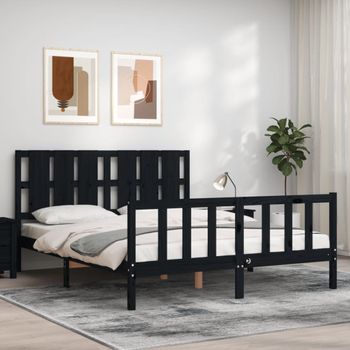 Cama Matrimonial | Cama Para Adultos | Estructura Cama De Matrimonio Con Cabecero Madera Maciza Negro Cfw373359