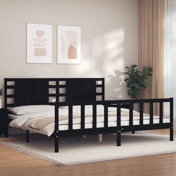 Cama Matrimonial | Cama Para Adultos | Estructura Cama De Matrimonio Con Cabecero Madera Maciza Negro Cfw692458