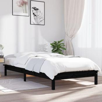 Cama Individual | Cama Para Adultos | Estructura Cama Individual Madera Maciza Pino Negra 90x190 Cm Cfw641750