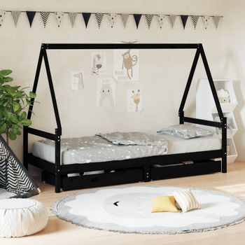 Cama Individual | Cama Infantil | Estructura Cama Infantil Y Cajones Madera Pino Negro 90x190 Cm Cfw465624