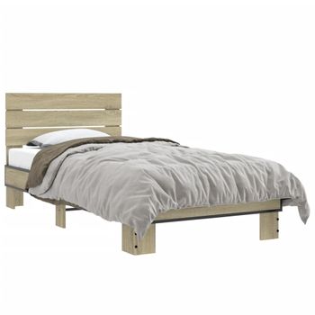 Cama Individual | Cama Para Adultos | Estructura Cama Madera Ingeniería Metal Roble Sonoma 75x190 Cm Cfw35078