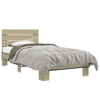 Cama Individual | Cama Para Adultos | Estructura Cama Madera Ingeniería Metal Roble Sonoma 90x190 Cm Cfw43493