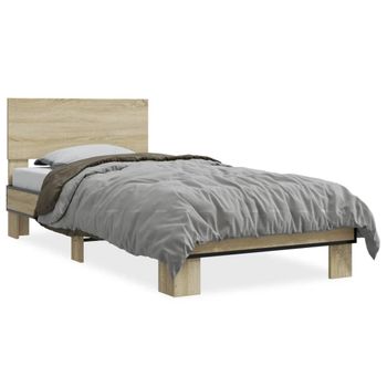 Cama Individual | Cama Para Adultos | Estructura Cama Madera Ingeniería Metal Roble Sonoma 90x200 Cm Cfw25219