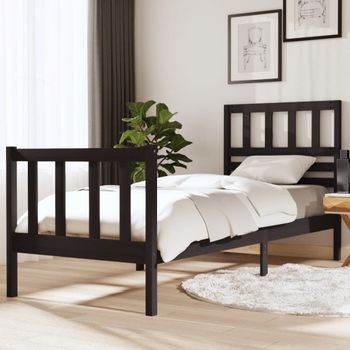 Cama Individual | Cama Para Adultos | Estructura De Cama Madera Maciza Negra 75x190 Cm Cfw717025