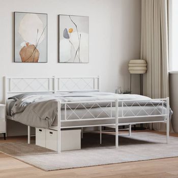 Cama Matrimonial | Cama Para Adultos | Estructura Cama Metal Con Cabecero Y Estribo Blanco 120x200 Cm Cfw562235