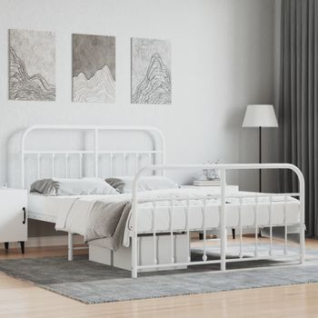 Cama Matrimonial | Cama Para Adultos | Estructura Cama Metal Con Cabecero Y Estribo Blanco 135x190 Cm Cfw763266