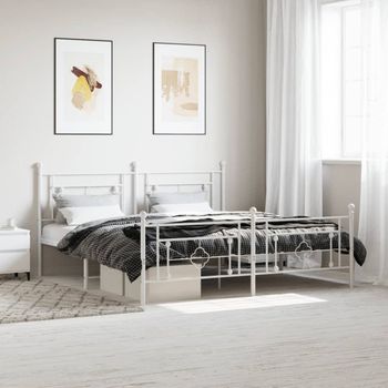 Cama Matrimonial | Cama Para Adultos | Estructura Cama Metal Con Cabecero Y Estribo Blanco 180x200 Cm Cfw998116