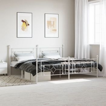 Cama Matrimonial | Cama Para Adultos | Estructura Cama Metal Con Cabecero Y Estribo Blanco 200x200 Cm Cfw687351