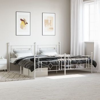 Cama Matrimonial | Cama Para Adultos | Estructura Cama Metal Con Cabecero Y Pie Cama Blanco 193x203 Cm Cfw589305