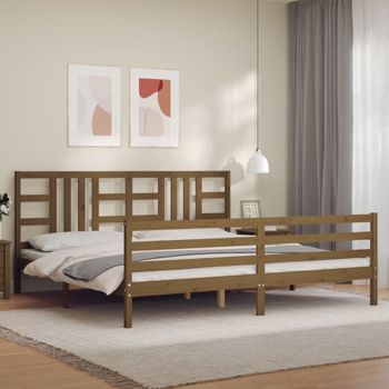 Cama Matrimonial | Cama Para Adultos | Estructura Cama Y Cabecero Madera Maciza Marrón Miel 200x200 Cm Cfw255374