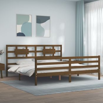 Cama Matrimonial | Cama Para Adultos | Estructura Cama Y Cabecero Madera Maciza Marrón Miel 200x200 Cm Cfw289652