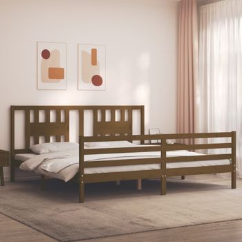 Cama Matrimonial | Cama Para Adultos | Estructura Cama Y Cabecero Madera Maciza Marrón Miel 200x200 Cm Cfw120586