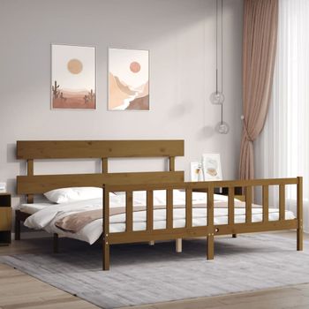 Cama Matrimonial | Cama Para Adultos | Estructura Cama Y Cabecero Madera Maciza Marrón Miel 200x200 Cm Cfw187022