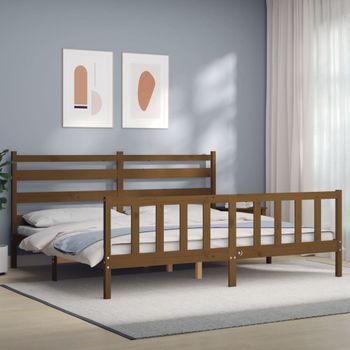 Cama Matrimonial | Cama Para Adultos | Estructura Cama Y Cabecero Madera Maciza Marrón Miel 200x200 Cm Cfw111635