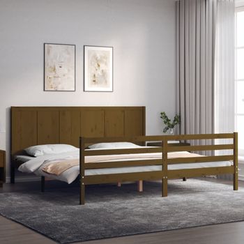 Cama Matrimonial | Cama Para Adultos | Estructura Cama Y Cabecero Madera Maciza Marrón Miel 200x200 Cm Cfw635181