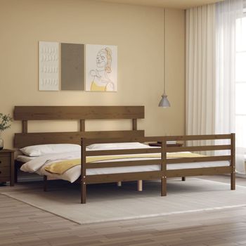 Cama Matrimonial | Cama Para Adultos | Estructura Cama Y Cabecero Madera Maciza Marrón Miel 200x200 Cm Cfw203084