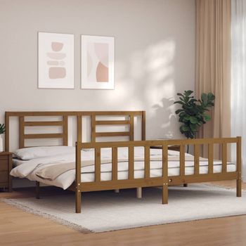 Cama Matrimonial | Cama Para Adultos | Estructura Cama Y Cabecero Madera Maciza Marrón Miel 200x200 Cm Cfw632368