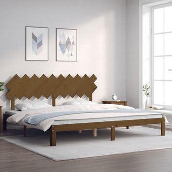 Cama Matrimonial | Cama Para Adultos | Estructura Cama Y Cabecero Madera Maciza Marrón Miel 200x200 Cm Cfw766011