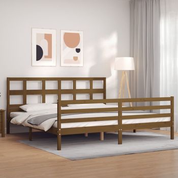 Cama Matrimonial | Cama Para Adultos | Estructura Cama Y Cabecero Madera Maciza Marrón Miel 200x200 Cm Cfw780592