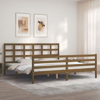 Cama Matrimonial | Cama Para Adultos | Estructura Cama Y Cabecero Madera Maciza Marrón Miel 200x200 Cm Cfw587590