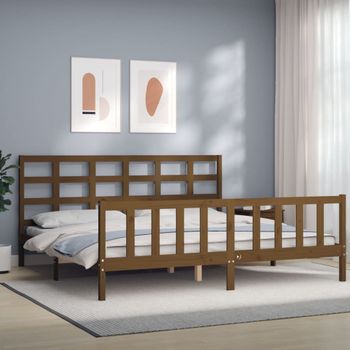 Cama Matrimonial | Cama Para Adultos | Estructura Cama Y Cabecero Madera Maciza Marrón Miel 200x200 Cm Cfw825128