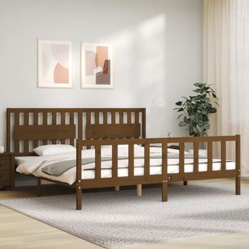 Cama Matrimonial | Cama Para Adultos | Estructura Cama Y Cabecero Madera Maciza Marrón Miel 200x200 Cm Cfw533971