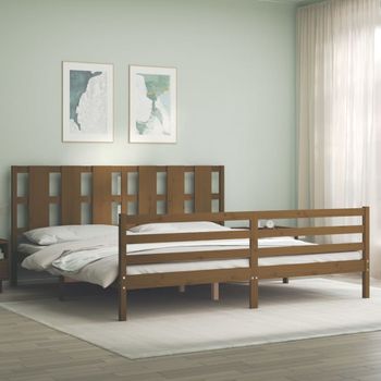 Cama Matrimonial | Cama Para Adultos | Estructura Cama Y Cabecero Madera Maciza Marrón Miel 200x200 Cm Cfw222637